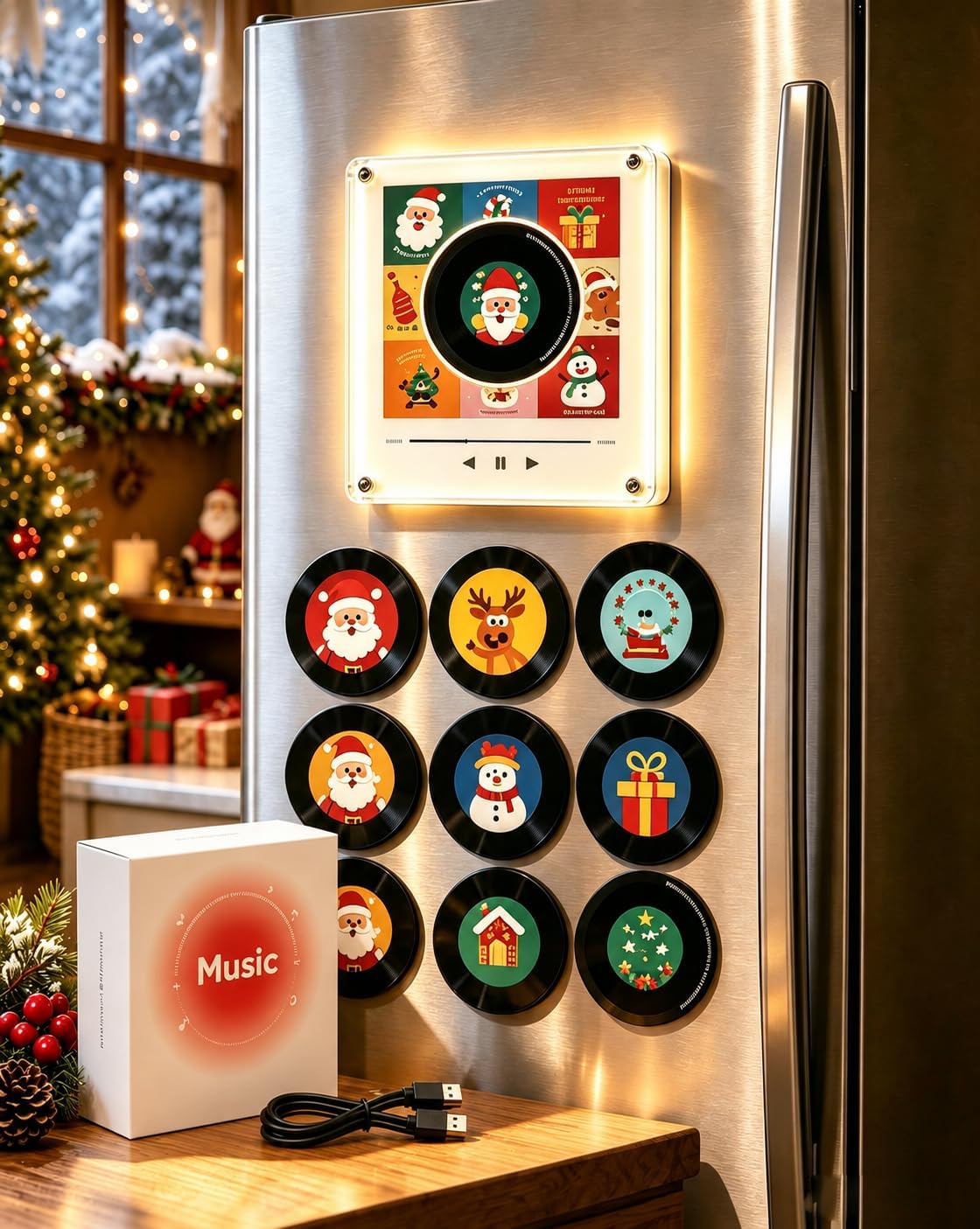 Jingle Vinyl Player Fridge Record, Mini Christmas Magnetic Jingle Music Box Set for Refrigerator with 9 Programmable Discs 128MB Built in Storage, LED Acrylic Frame Personalized Audio