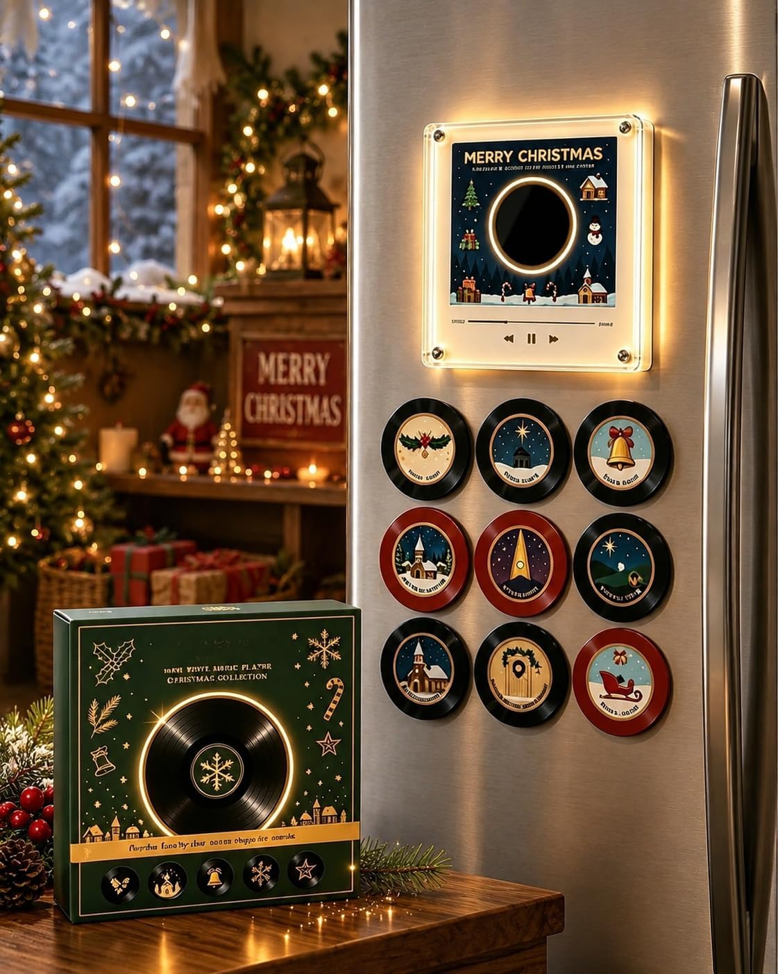 Jingle Vinyl Player Fridge Record, Mini Christmas Magnetic Jingle Music Box Set for Refrigerator with 9 Programmable Discs 128MB Built in Storage, LED Acrylic Frame Personalized Audio