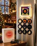 Jingle Vinyl Player Fridge Record, Mini Christmas Magnetic Jingle Music Box Set for Refrigerator with 9 Programmable Discs 128MB Built in Storage, LED Acrylic Frame Personalized Audio