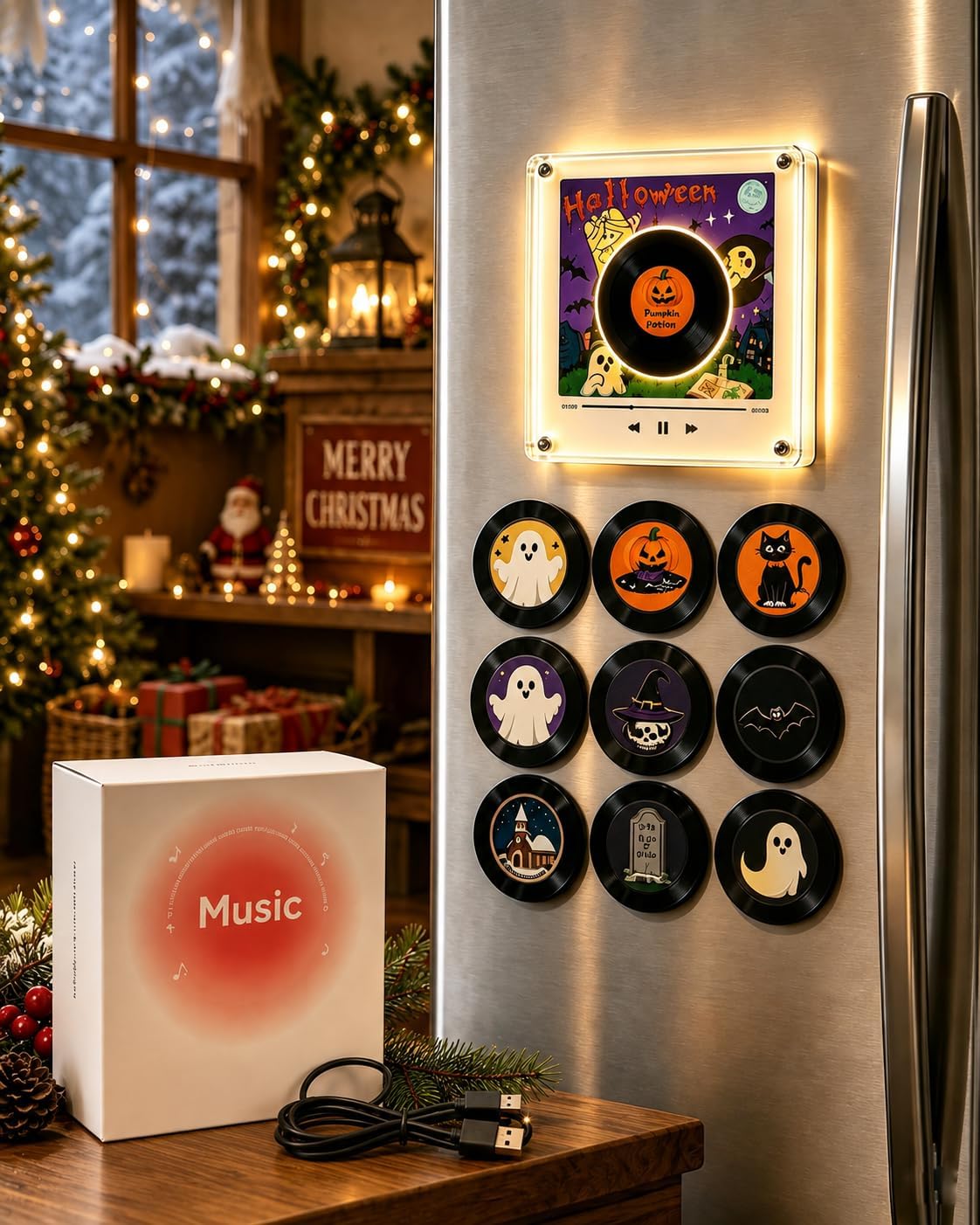 Jingle Vinyl Player Fridge Record, Mini Christmas Magnetic Jingle Music Box Set for Refrigerator with 9 Programmable Discs 128MB Built in Storage, LED Acrylic Frame Personalized Audio