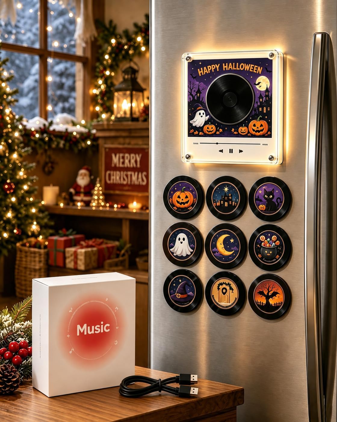 Jingle Vinyl Player Fridge Record, Mini Christmas Magnetic Jingle Music Box Set for Refrigerator with 9 Programmable Discs 128MB Built in Storage, LED Acrylic Frame Personalized Audio