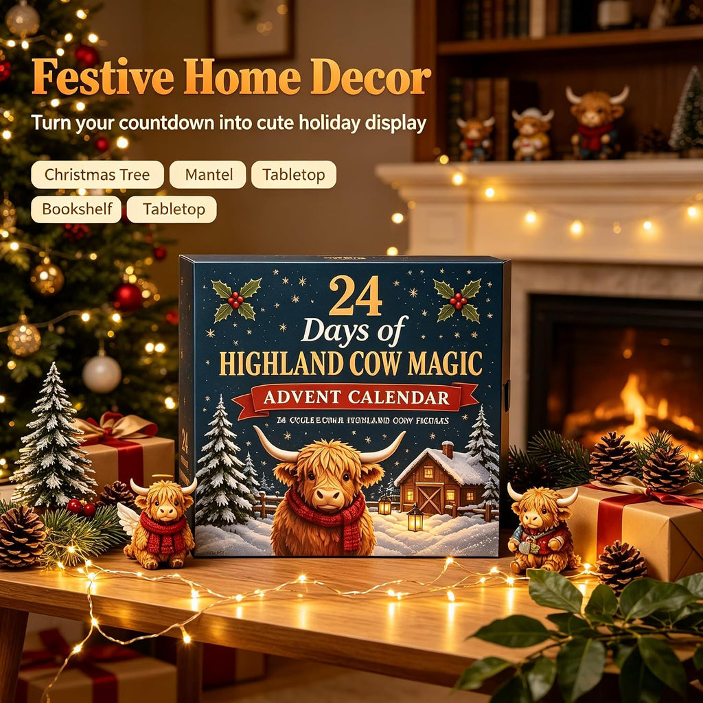 2026 3D Highland Cow Advent Calendar, 24 Days Christmas Countdown Calendar with Cute Farm Cattle Mini Figurines, Collectible Christmas Ornament Gift