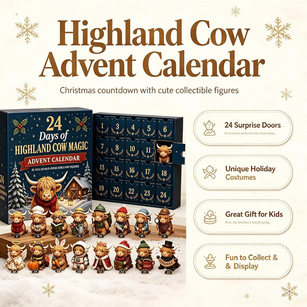 2026 3D Highland Cow Advent Calendar, 24 Days Christmas Countdown Calendar with Cute Farm Cattle Mini Figurines, Collectible Christmas Ornament Gift