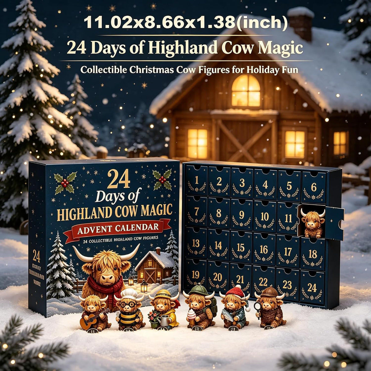 2026 3D Highland Cow Advent Calendar, 24 Days Christmas Countdown Calendar with Cute Farm Cattle Mini Figurines, Collectible Christmas Ornament Gift