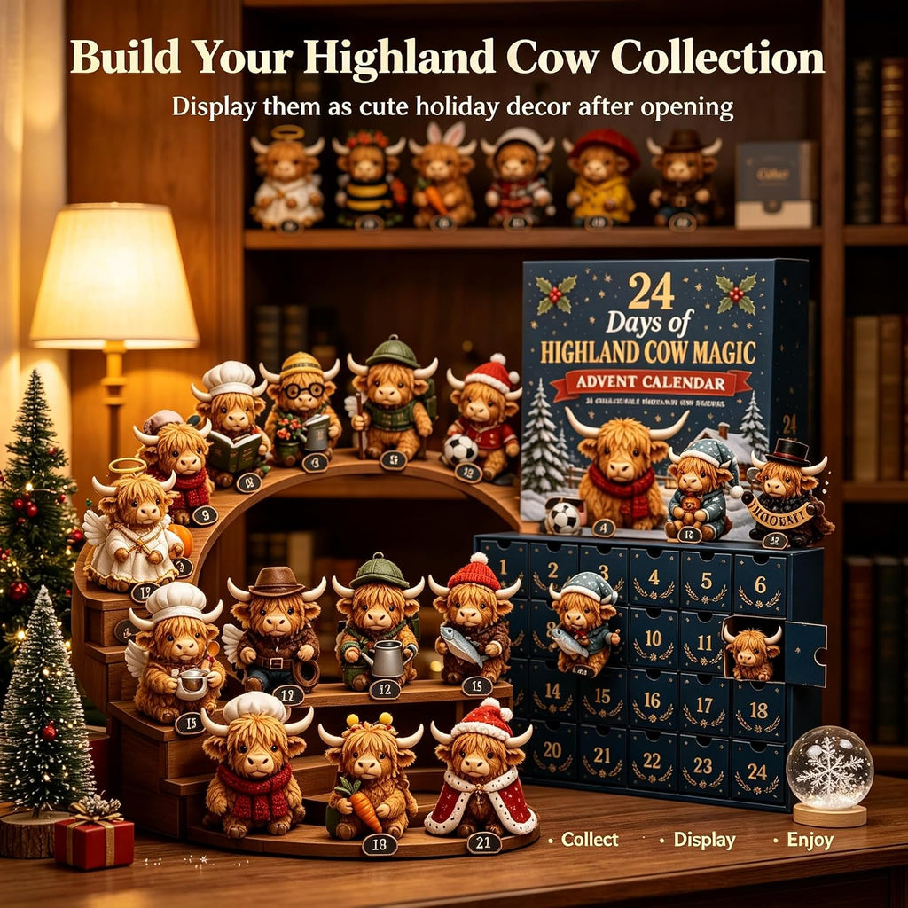 2026 3D Highland Cow Advent Calendar, 24 Days Christmas Countdown Calendar with Cute Farm Cattle Mini Figurines, Collectible Christmas Ornament Gift
