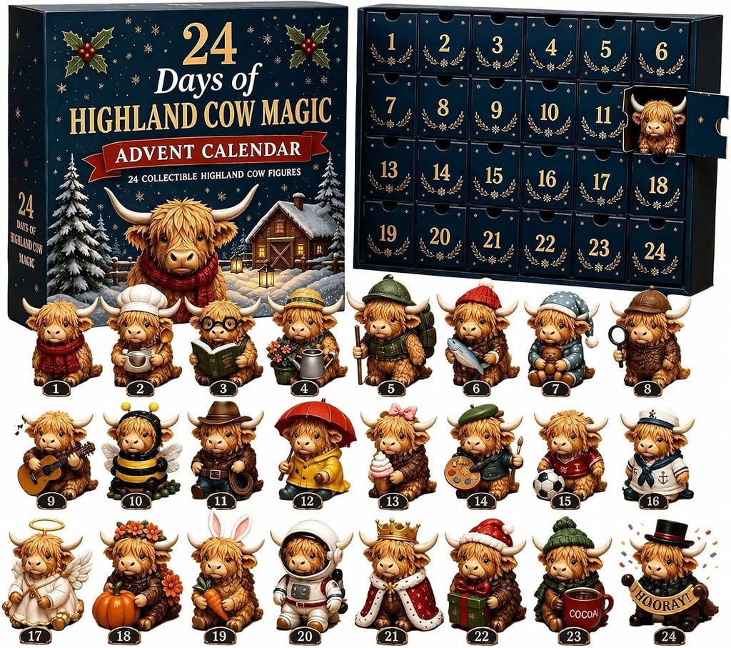 2026 3D Highland Cow Advent Calendar, 24 Days Christmas Countdown Calendar with Cute Farm Cattle Mini Figurines, Collectible Christmas Ornament Gift