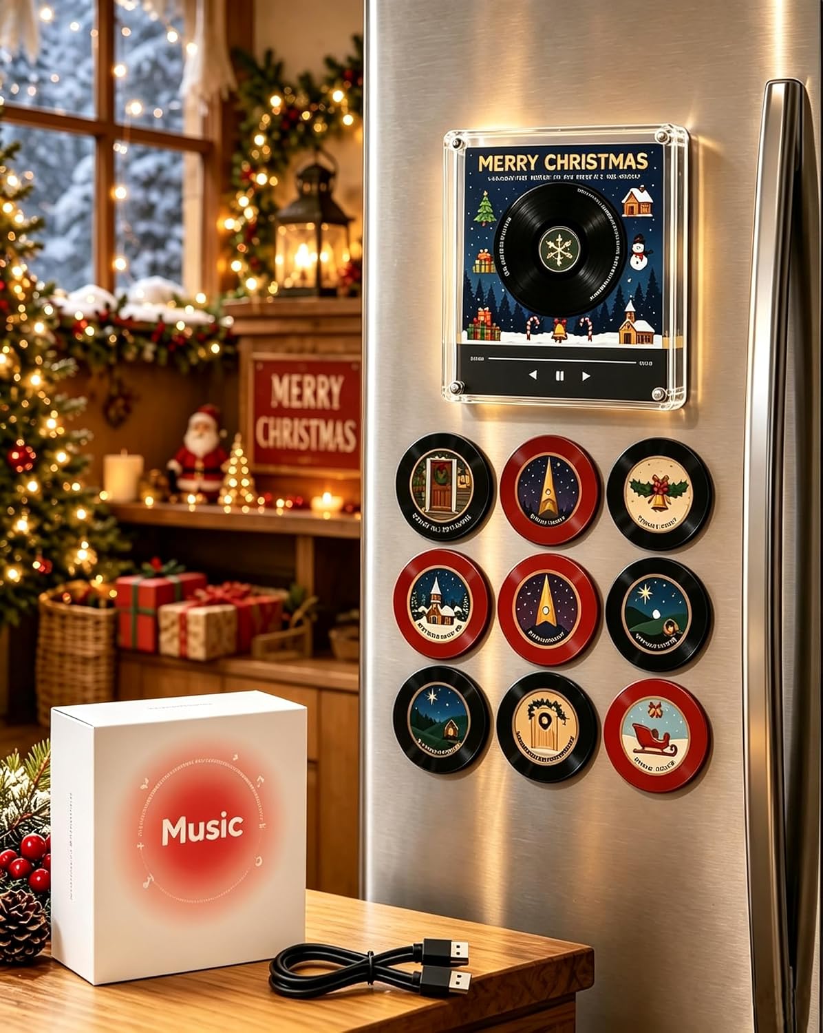 Jingle Vinyl Player Fridge Record, Mini Christmas Magnetic Jingle Music Box Set for Refrigerator with 9 Programmable Discs 128MB Built in Storage, LED Acrylic Frame Personalized Audio