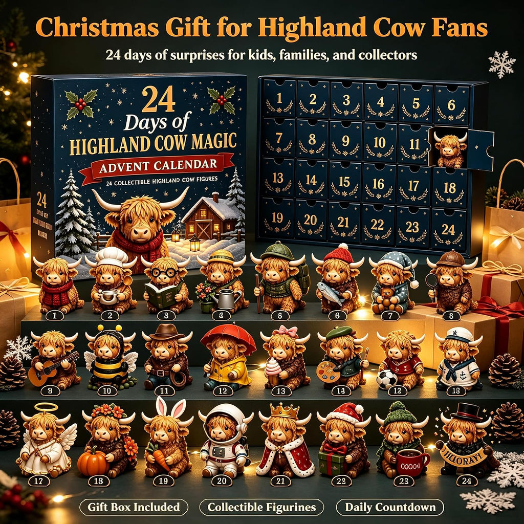 2026 3D Highland Cow Advent Calendar, 24 Days Christmas Countdown Calendar with Cute Farm Cattle Mini Figurines, Collectible Christmas Ornament Gift