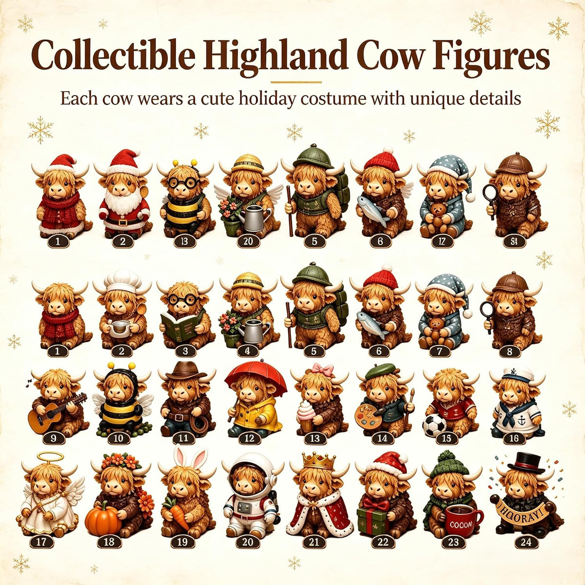 2026 3D Highland Cow Advent Calendar, 24 Days Christmas Countdown Calendar with Cute Farm Cattle Mini Figurines, Collectible Christmas Ornament Gift